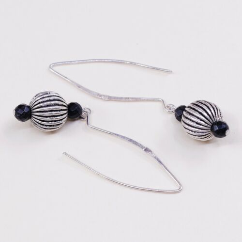 Vtg Mexico Sterling Silver Handmade Earrings, 925 Ribbed Bead W Dangles