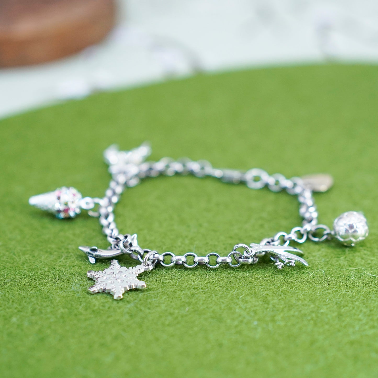6.5”, sterling 925 silver circle charm bracelet ice cream snowflake football