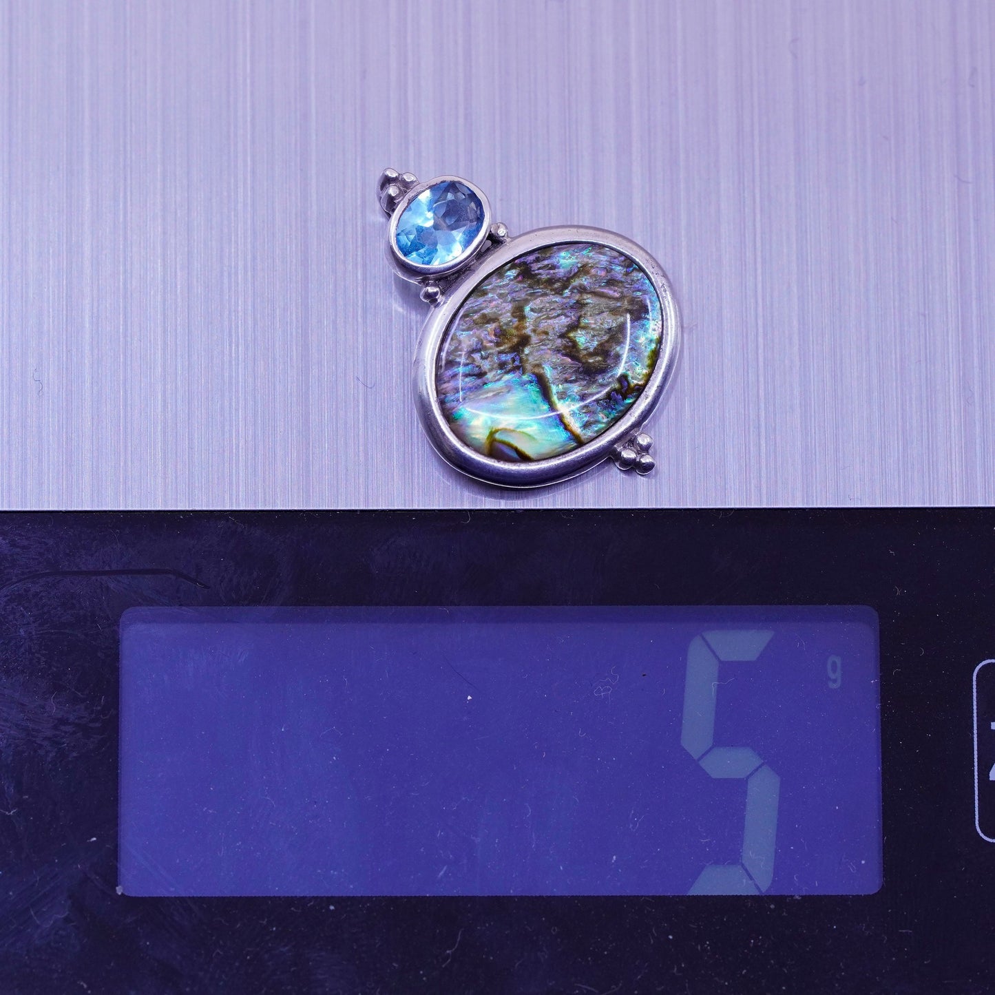 Vintage sterling 925 silver handmade pendant with abalone and topaz