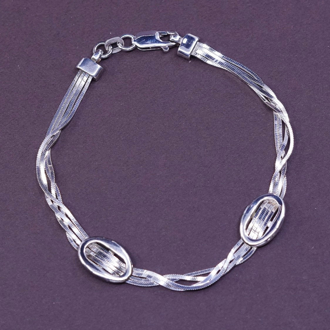 7.25", vtg Sterling silver handmade 4 strands snake bracelet w/ oval knot