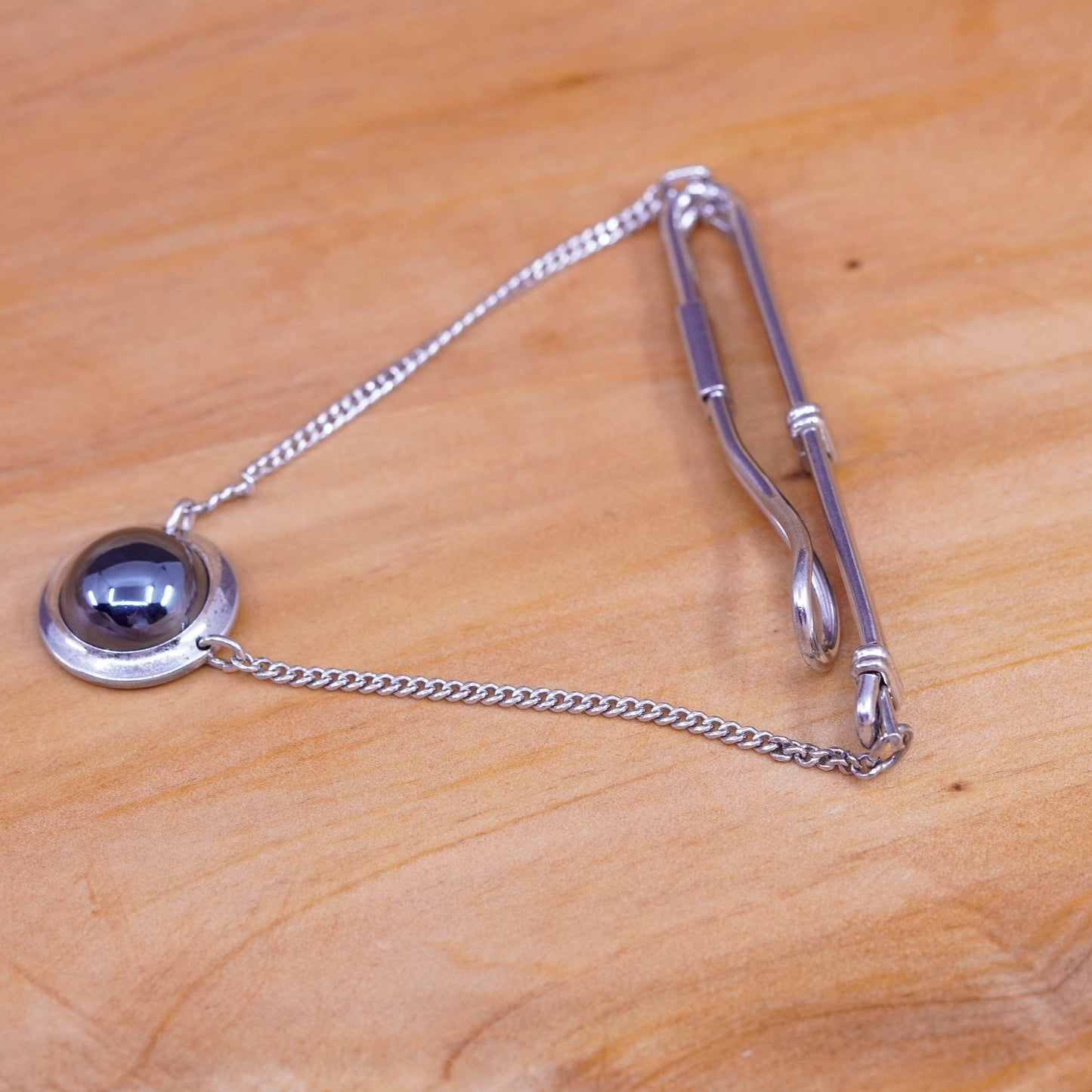 Vintage sterling silver handmade tie clip, 925 tieclip with hematite