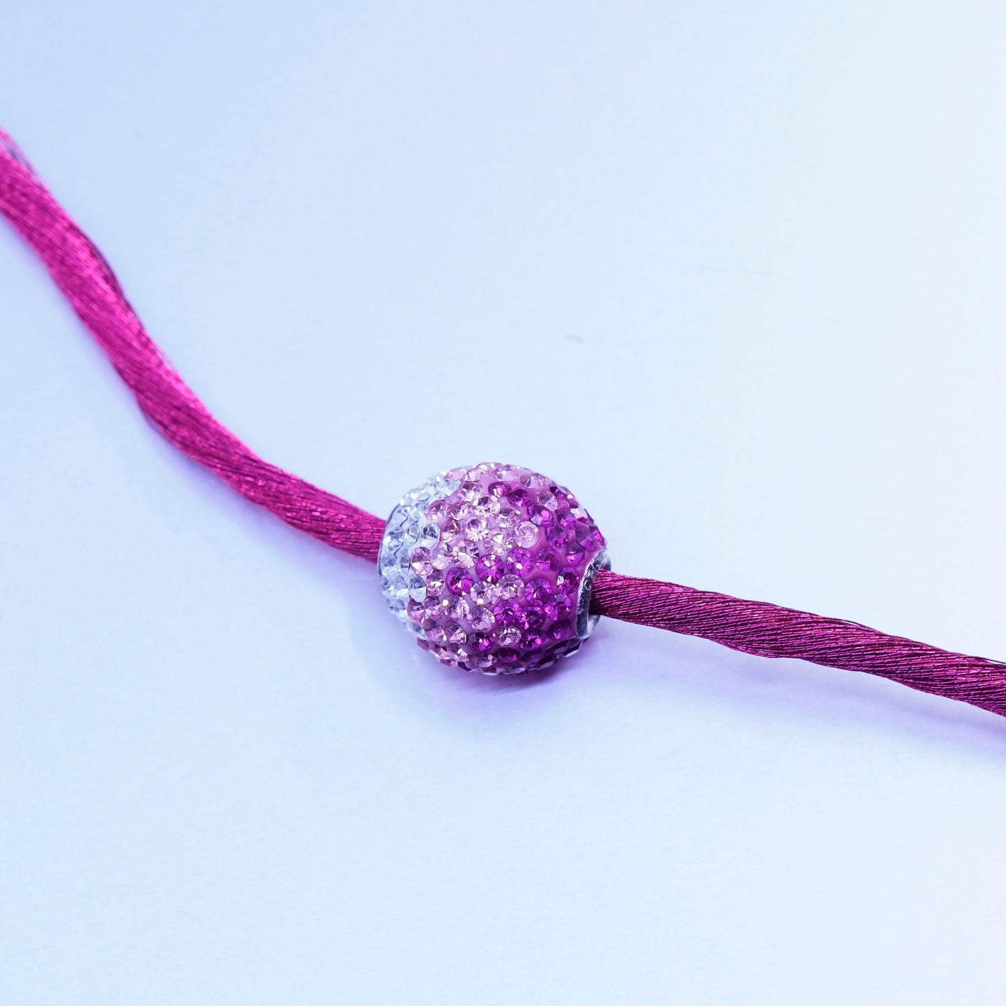 6.5”, vtg Sterling 925 silver handmade bracelet, pink silk thread chain bead