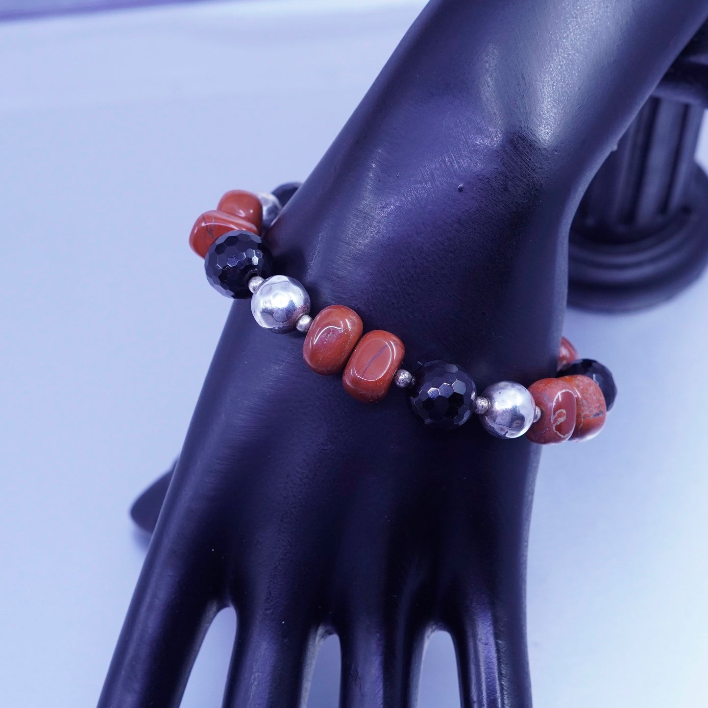 7”, vintage Sterling 925 silver handmade bracelet with obsidian jasper beads