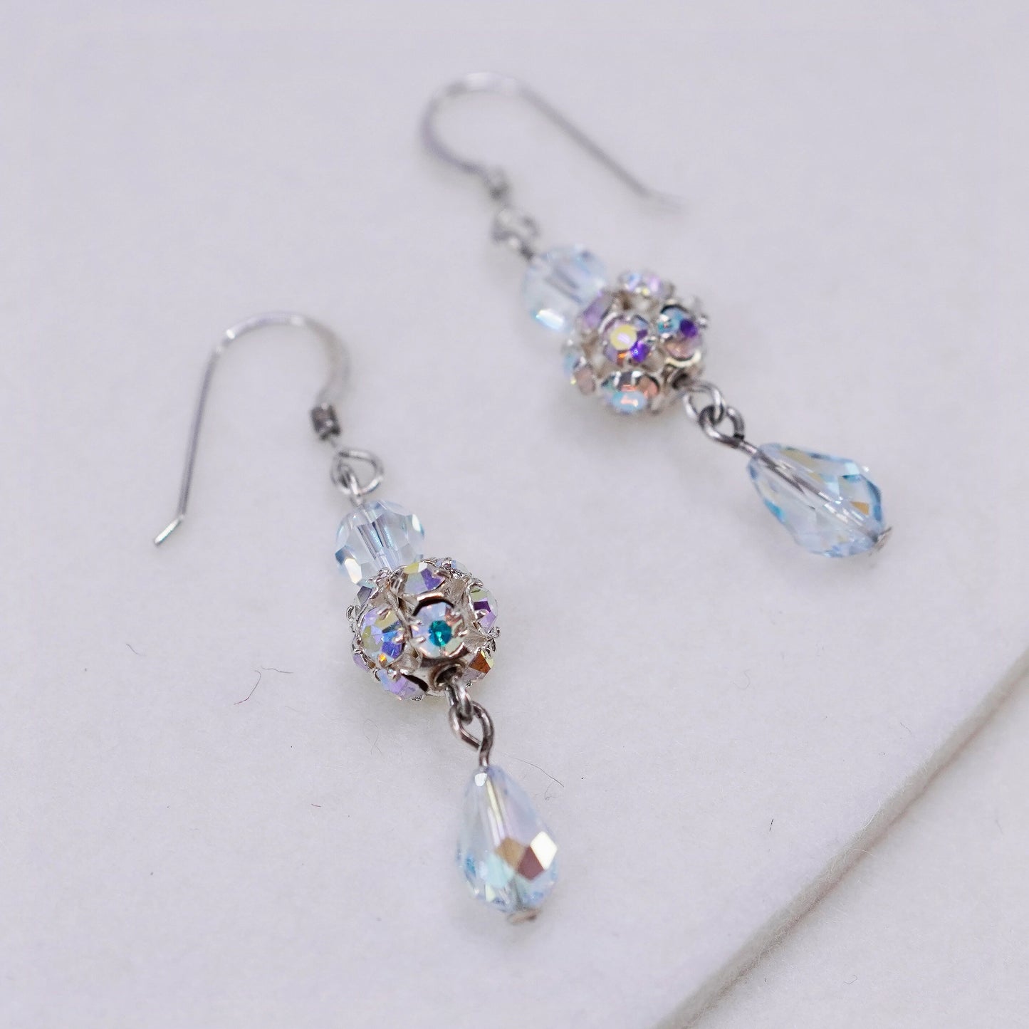 Vintage Sterling 925 silver handmade bead earrings with teardrop crystal