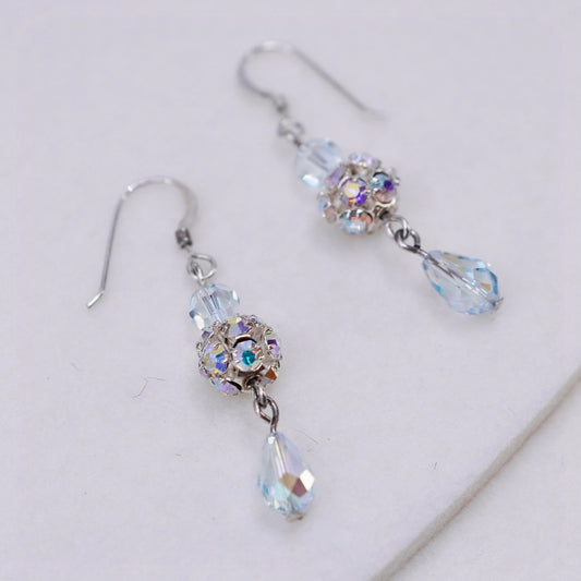 Vintage Sterling 925 silver handmade bead earrings with teardrop crystal