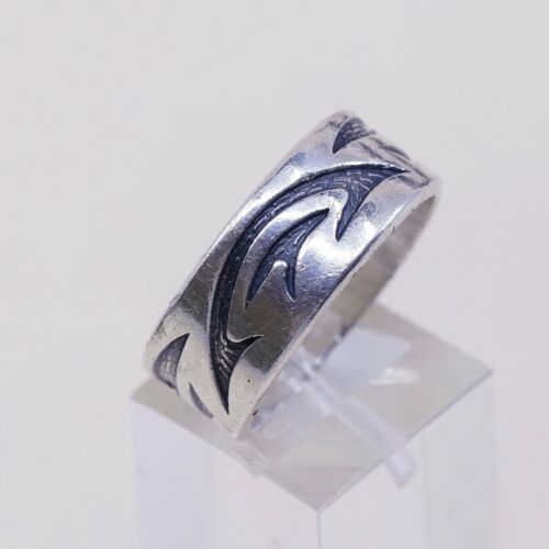 Size 10, Vtg Sterling Silver Handmade Texture Embossed Ring, Mexico 925 Band