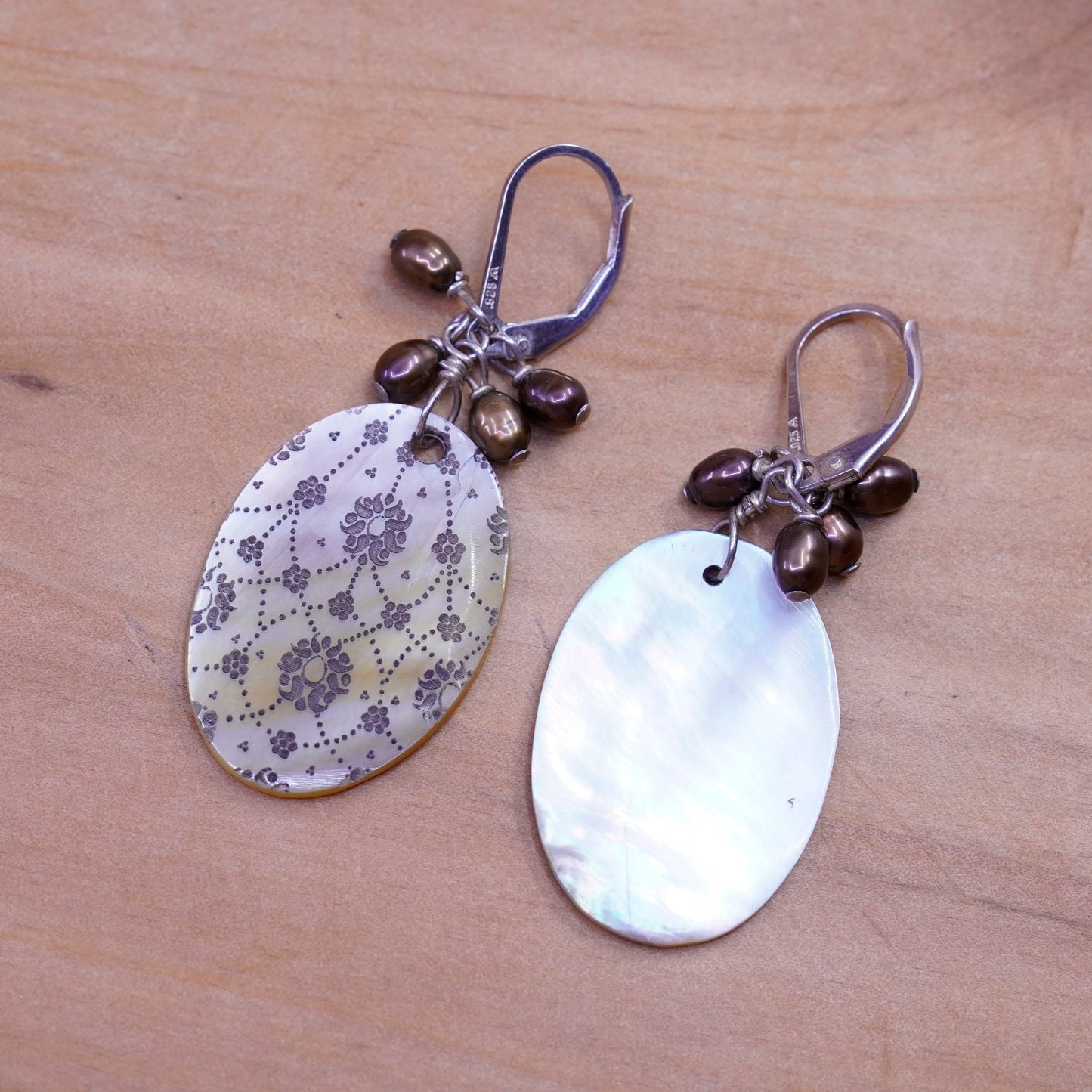 Vintage Sterling 925 silver Handmade earrings with cluster pearl abalone disc