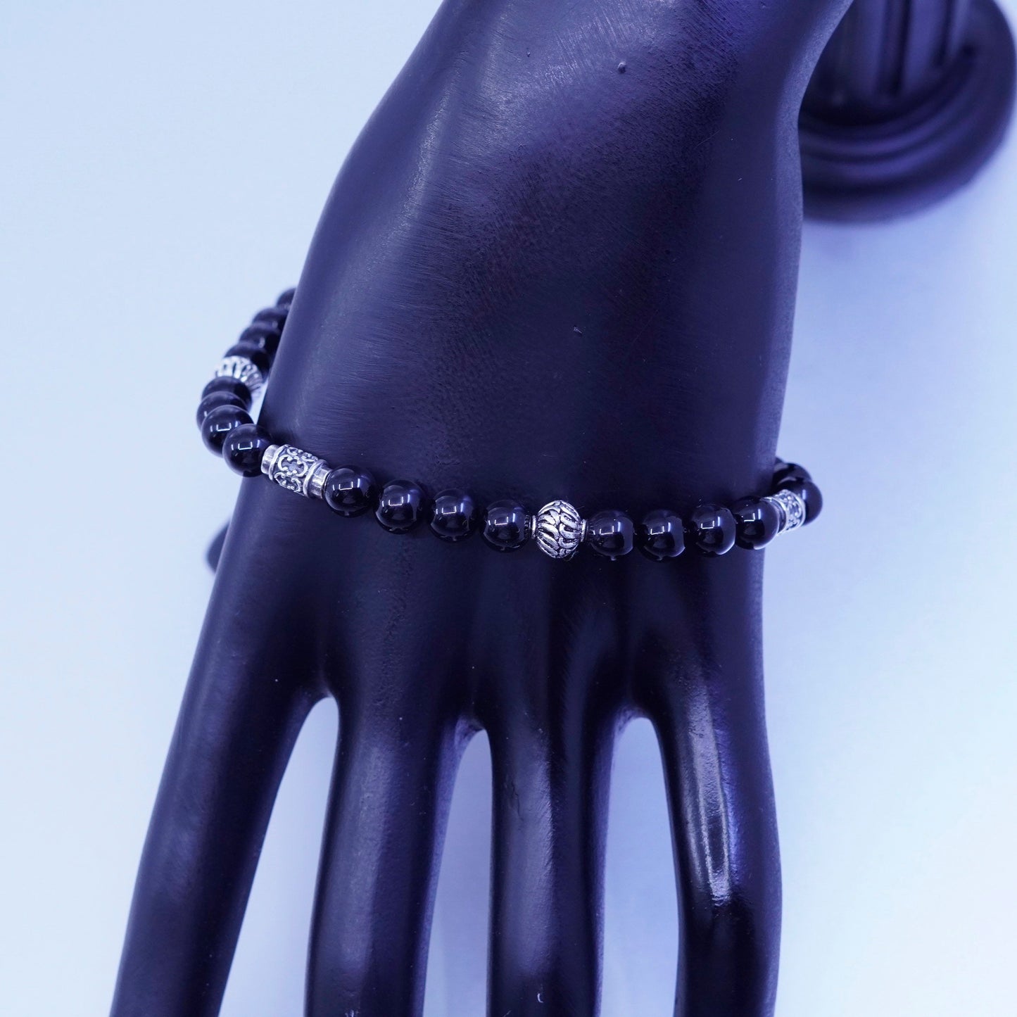 8”, vintage bali Sterling 925 silver bracelet with obsidian beads