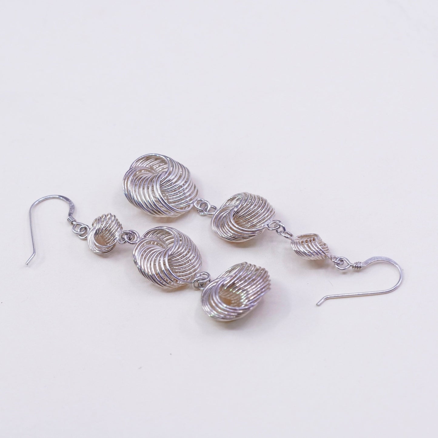 Vintage sterling silver handmade earrings, 925 twisted entwined circle dangles