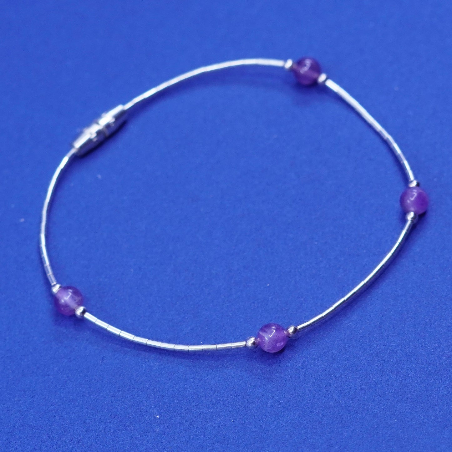 7”, vtg sterling handmade bracelet, 925 liquid silver chain w/ amethyst beads