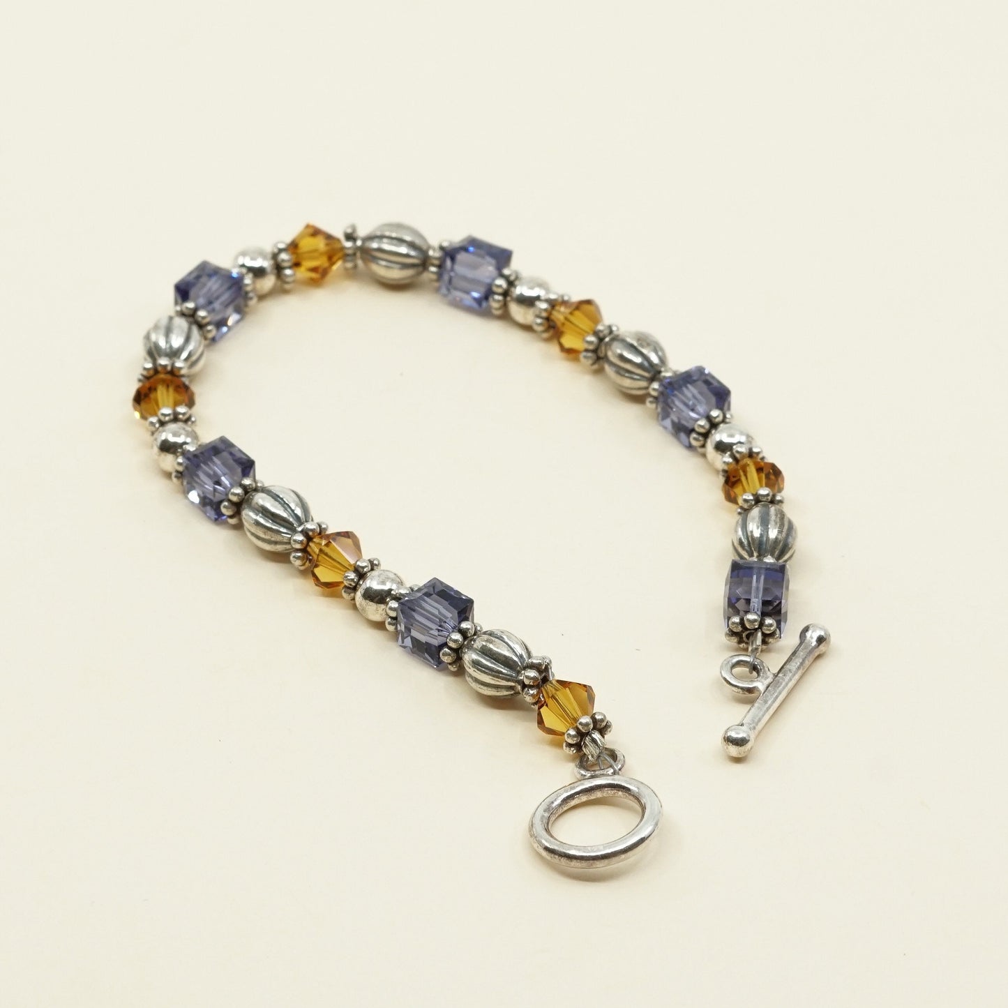 7", VTG Sterling 925 silver handmade bracelet w/ purple, yellow Swarovski beads