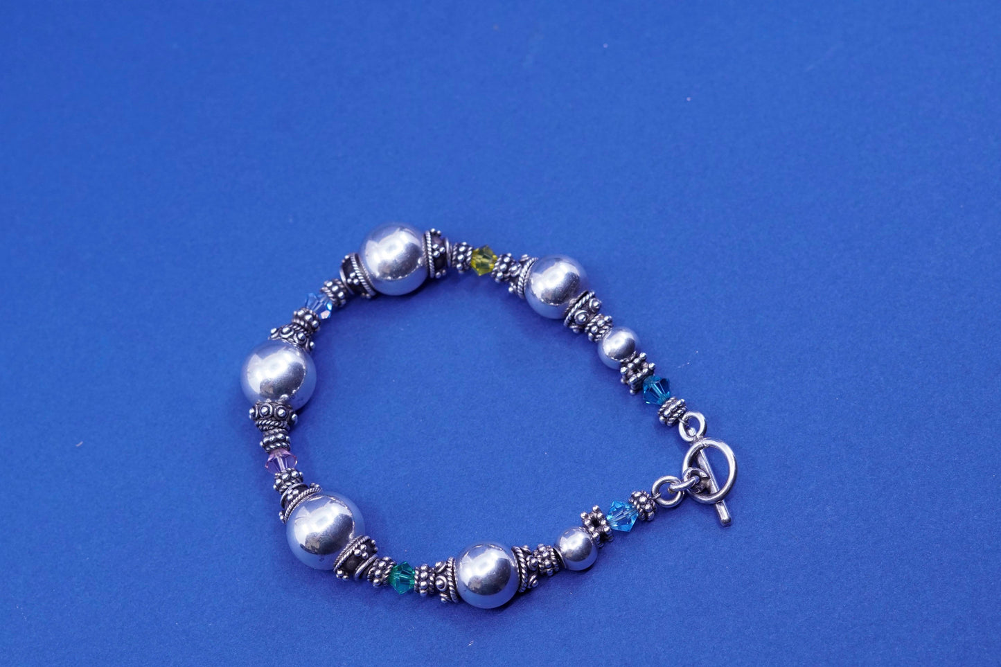7.75”, vintage sterling 925 silver handmade bracelet with crystal beads