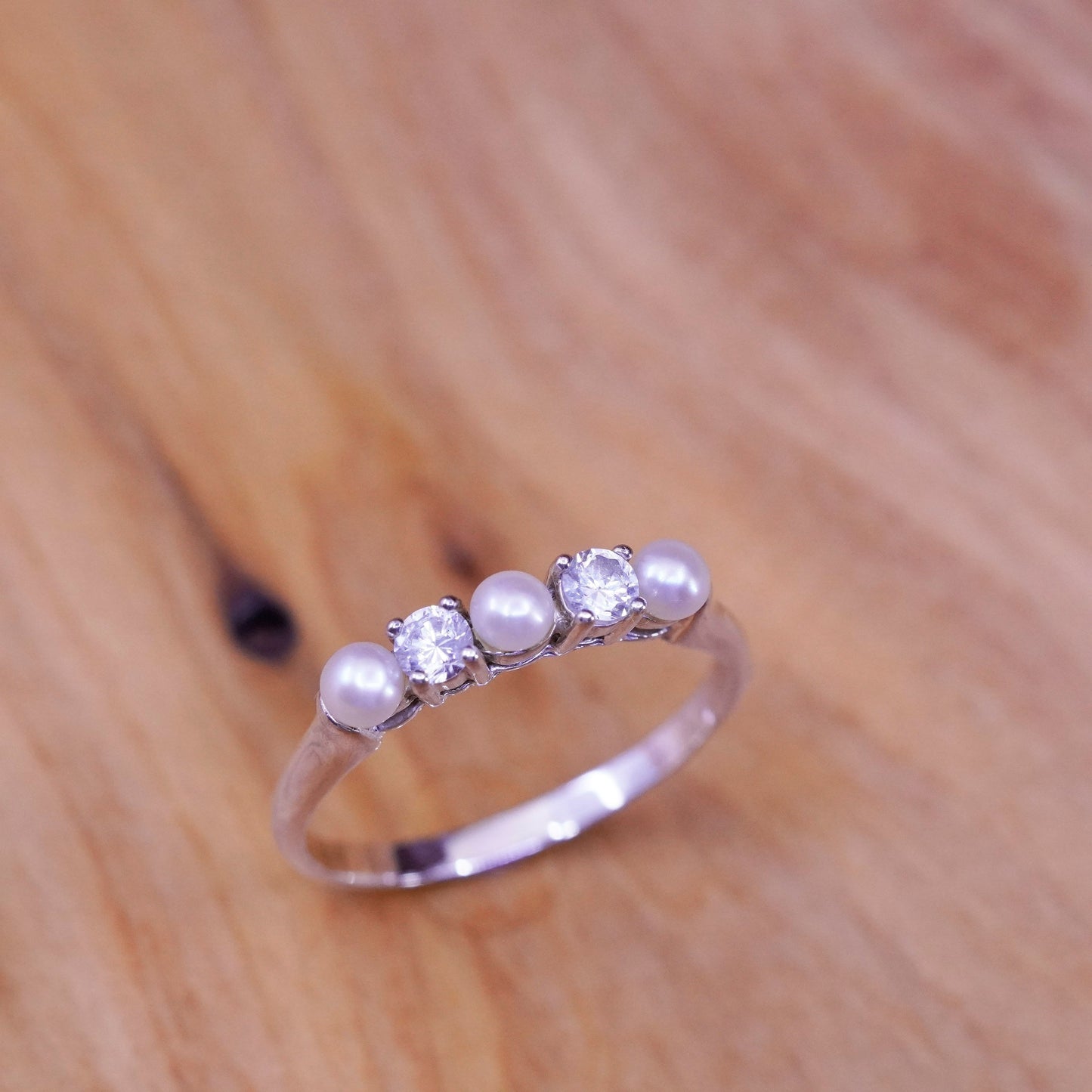 size 11.25, vintage Sterling 925 silver handmade ring, stackable band cz pearl