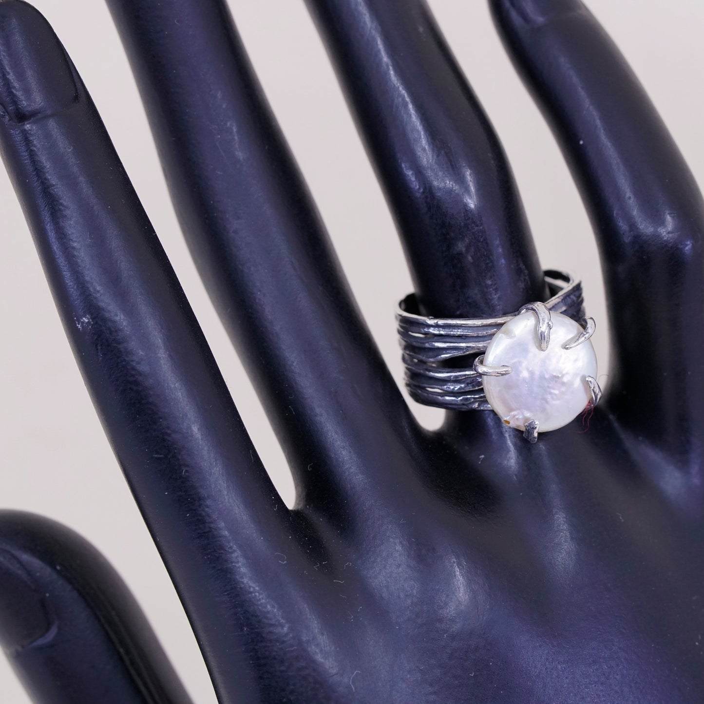 sz 8, vtg Israel Shube sterling silver ring, handmade 925 band with coin pearl