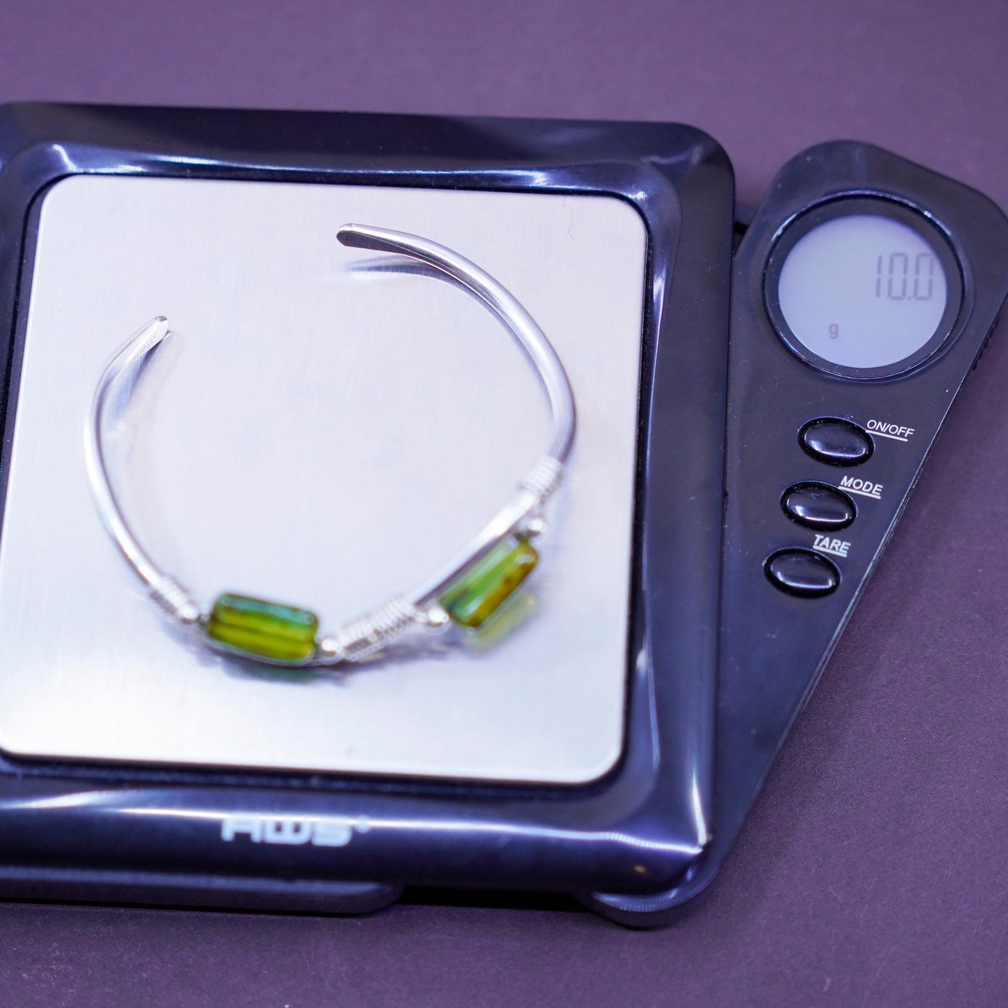 5.75”, Navajo Sterling silver bracelet, Native American, 925 cuff green glass