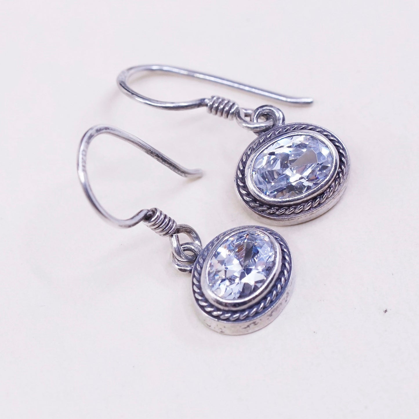 Vintage sterling silver handmade earrings, 925 silver with oval CZ, stamped 925