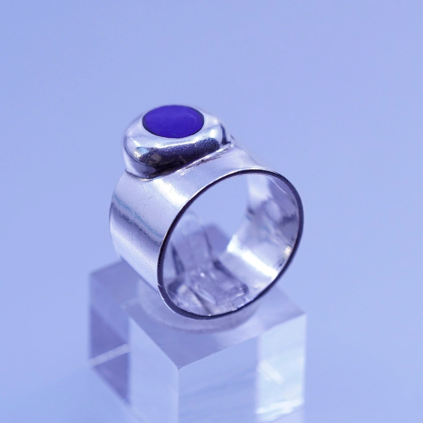 Size 6.75, vintage Mexico Sterling 925 silver handmade wide ring with blue onyx
