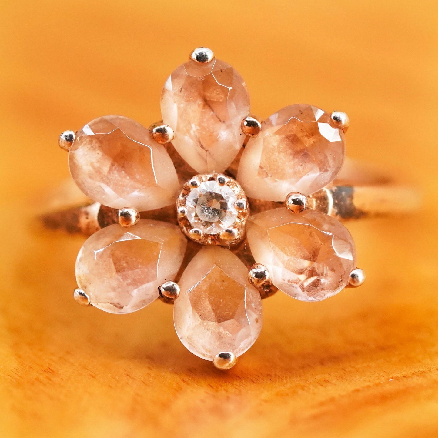 Size 6.75 vintage vermeil gold over Sterling 925 silver flower ring pink quartz