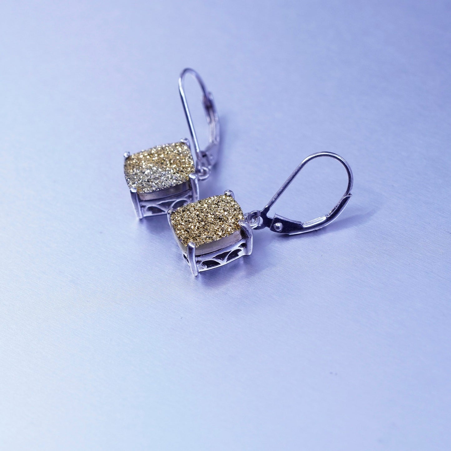 Vintage STS Sterling 925 silver earrings with golden druzy dangles