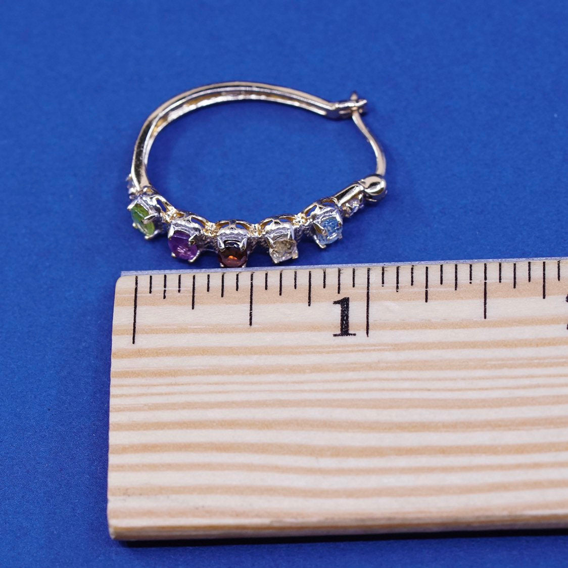 1", gold Sterling silver huggie earrings, Vermeil 925 hoops w/ sapphire peridot