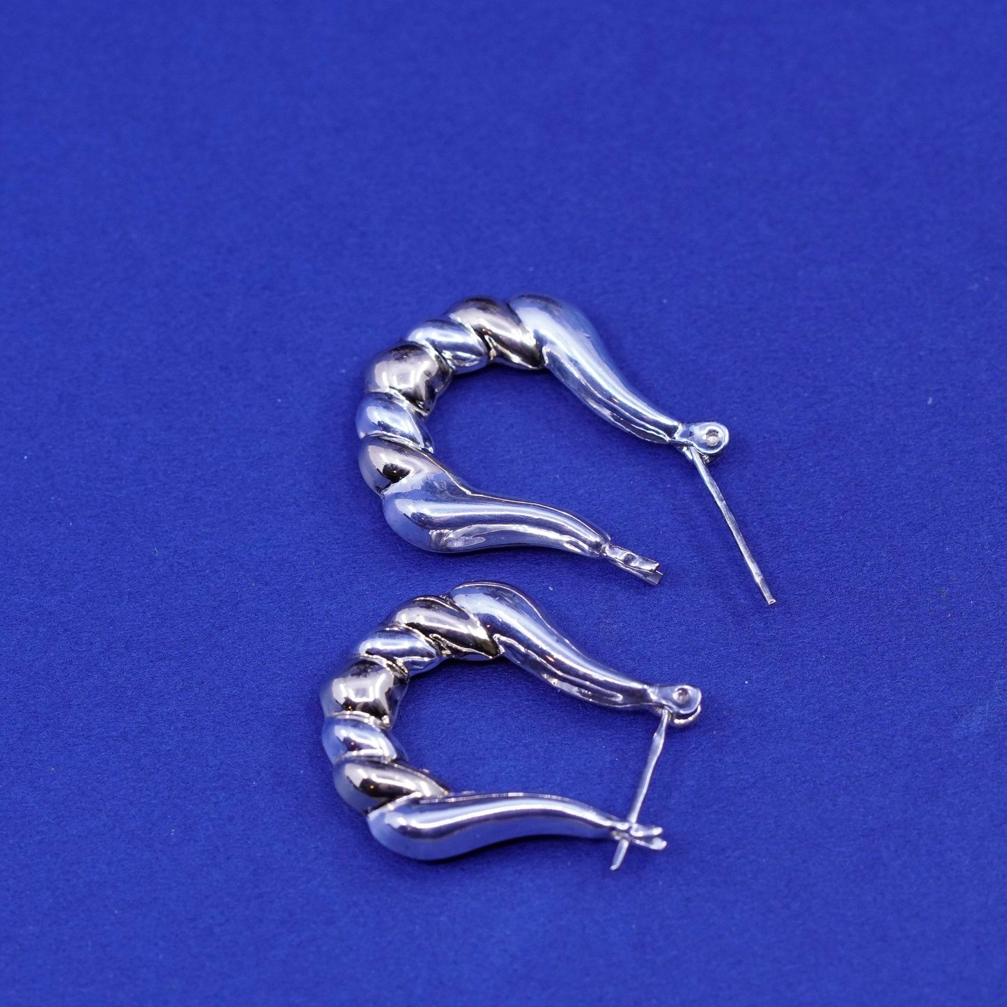 1”, two tone Sterling silver handmade earrings, 925 hoops Huggie ribbed texture