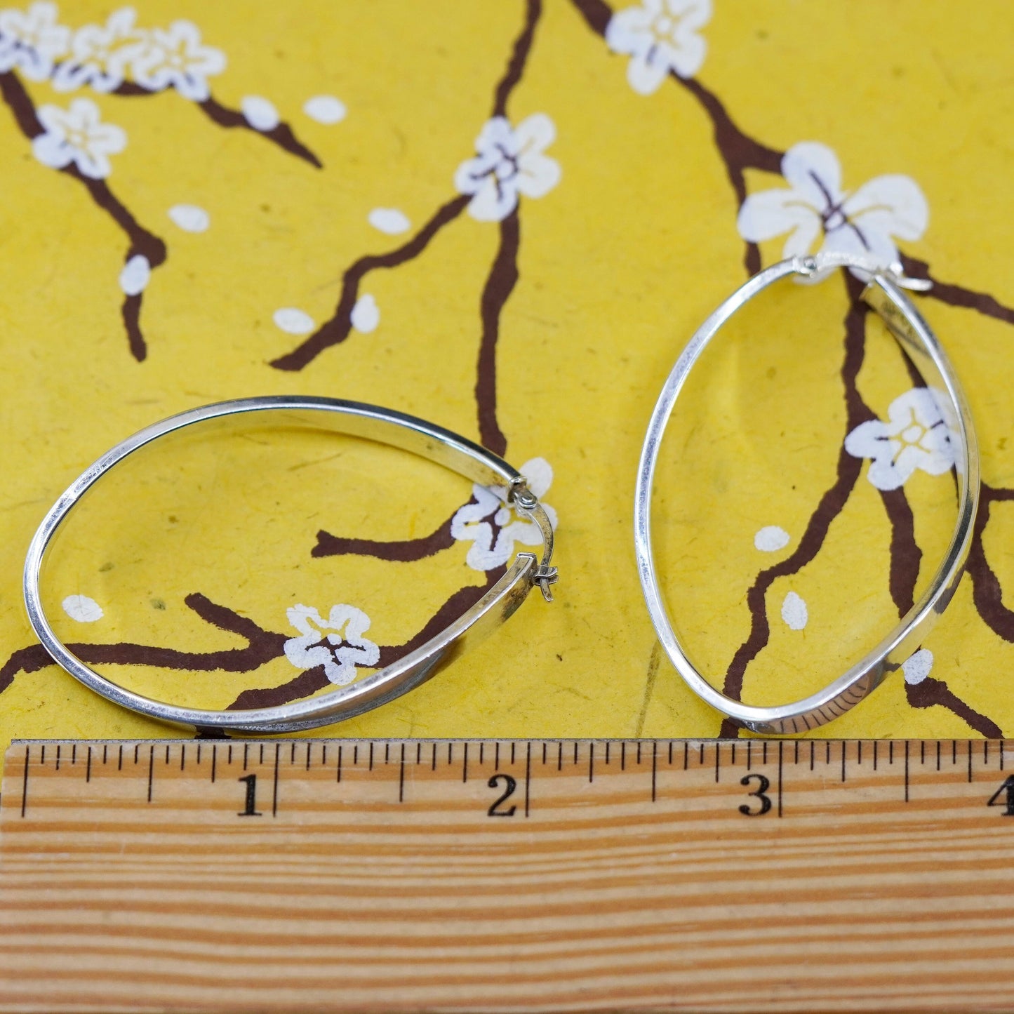 2”, vintage Sterling silver handmade earrings, wavy 925 oval hoops