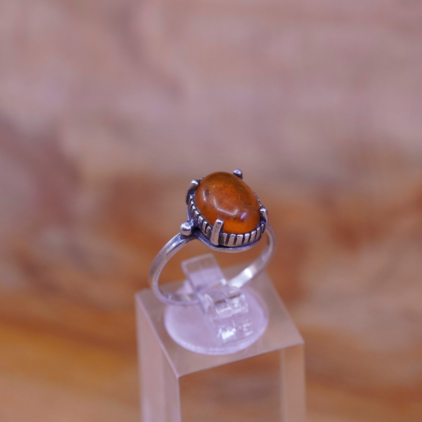 Size 8, vintage Sterling 925 silver handmade ring with oval amber