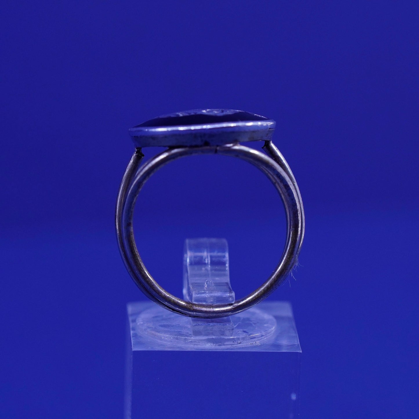 Size 7.25, vintage silver tone handmade ring, 925 elephant band with black enamel