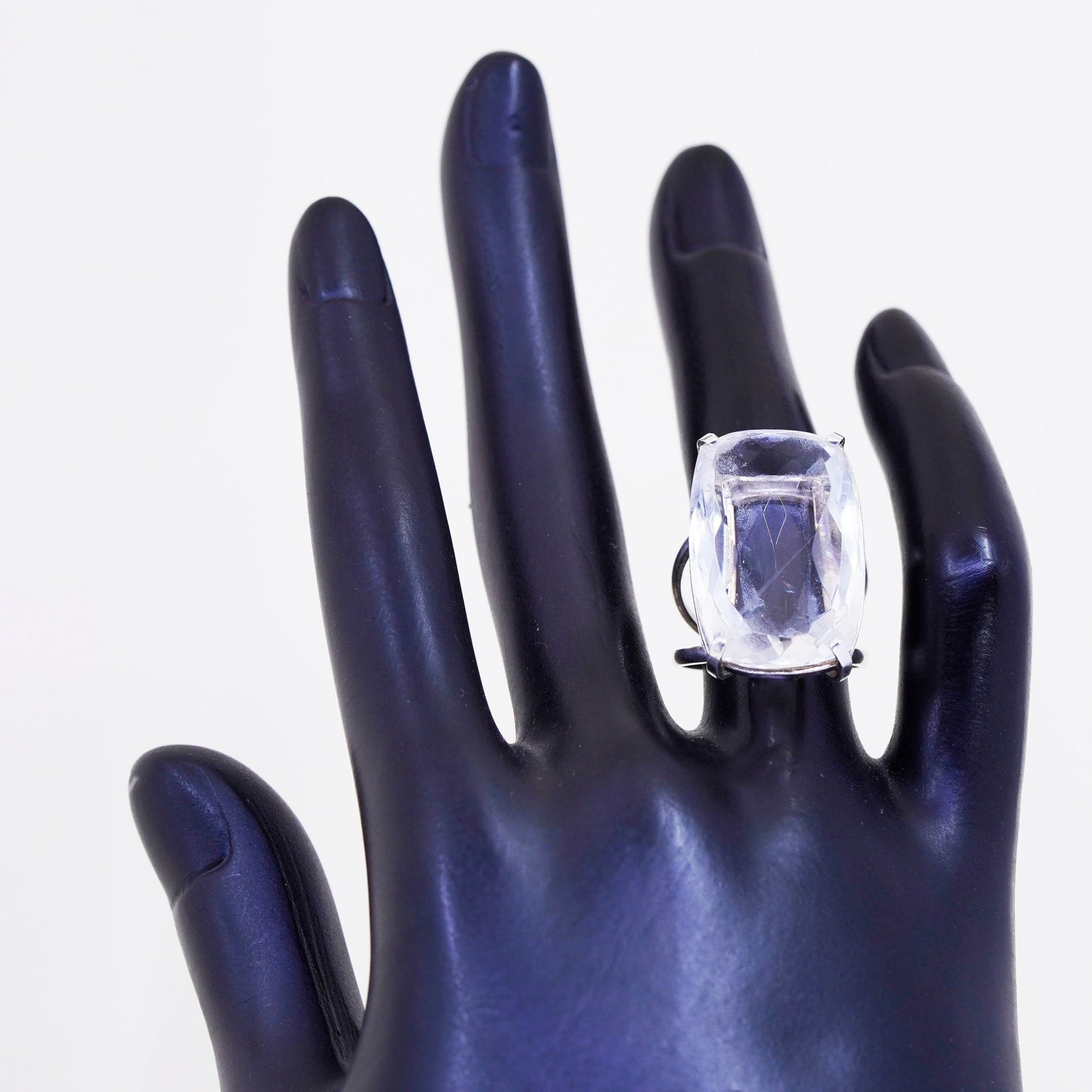 Size 5.75, vintage Sterling 925 silver handmade ring with emerald cut crystal