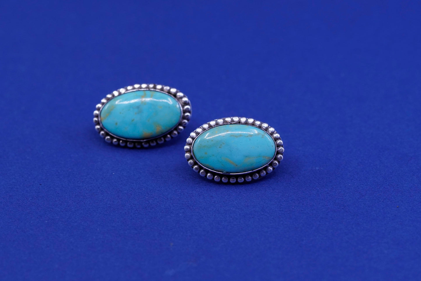 sterling silver handmade earrings, 925 oval studs with turquoise and beads