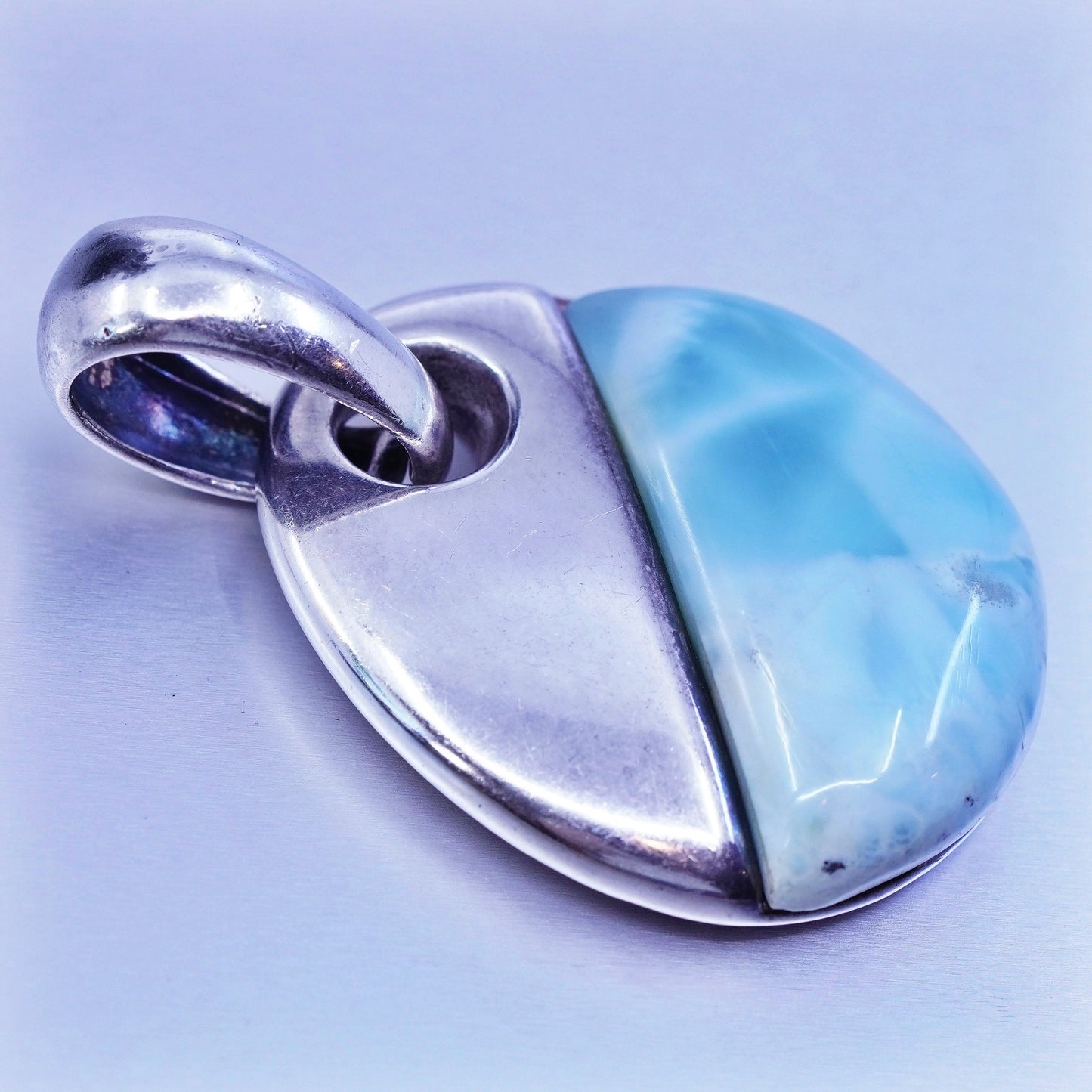 antique jewelry Italy sterling 925 silver handmade oval pendant with Larimar