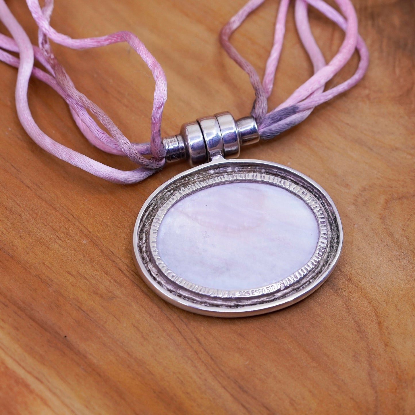 16”, ESPO SIG Sterling 925 silver mother of pearl pendant silk thread necklace