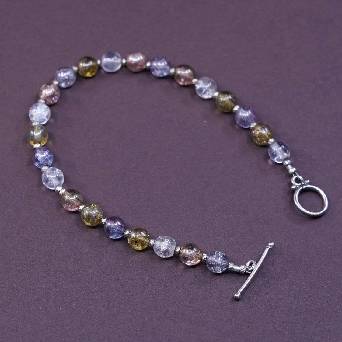 7", vtg Sterling silver handmade chain crystal beads bracelet w/ toggle closure