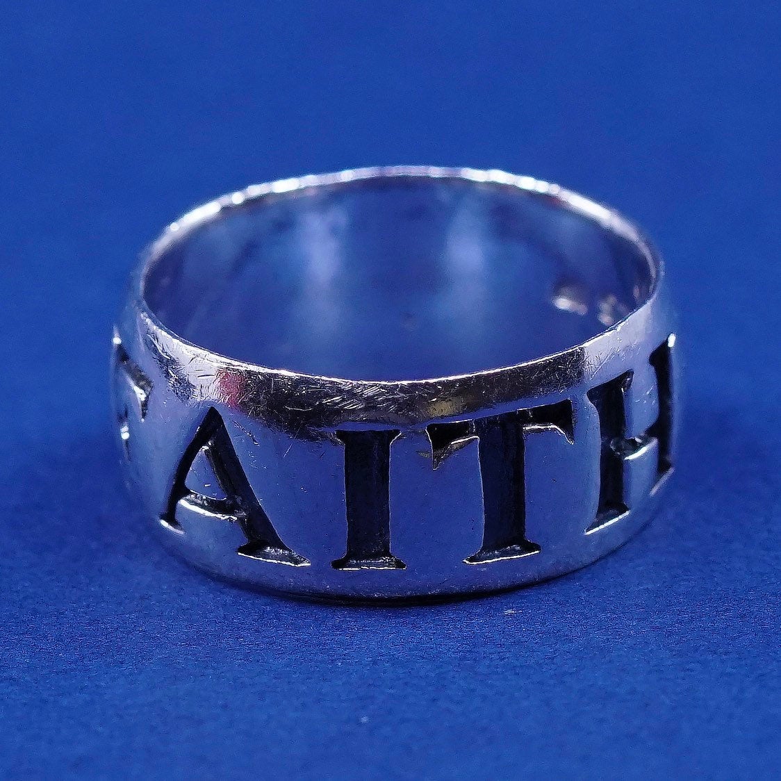 sz 6.75, vtg CF sterling silver handmade ring, 925 band w/ faith embossed