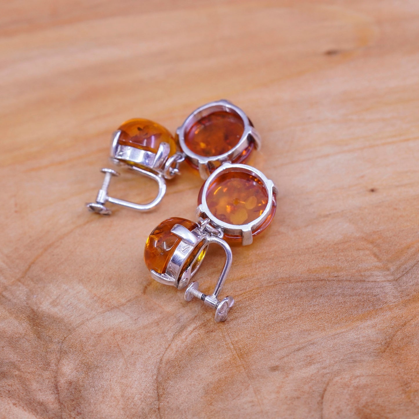 Vintage Sterling 925 silver screw back handmade earrings with amber dangles