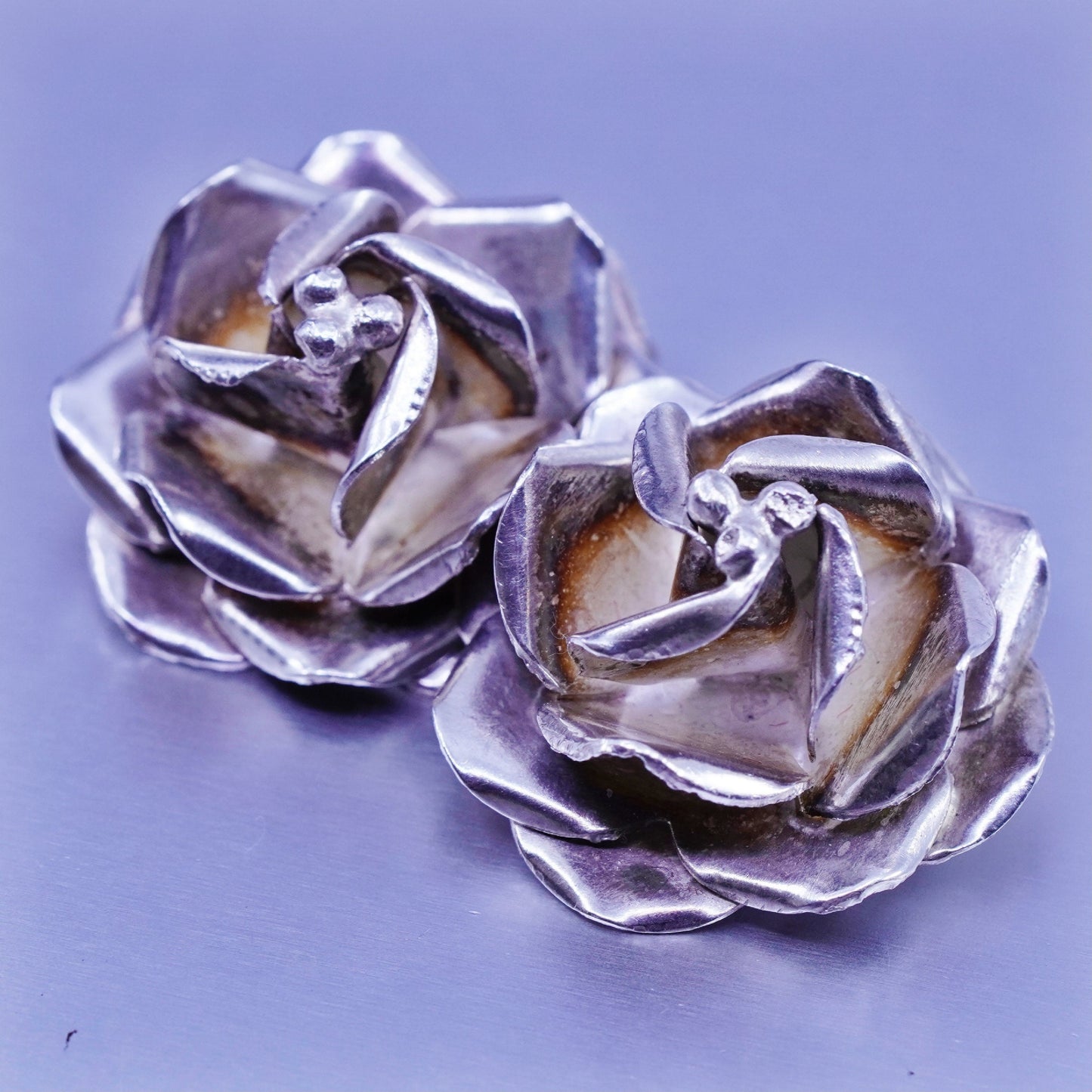Vintage Mexico Sterling 925 silver handmade earrings, rose flower clip on