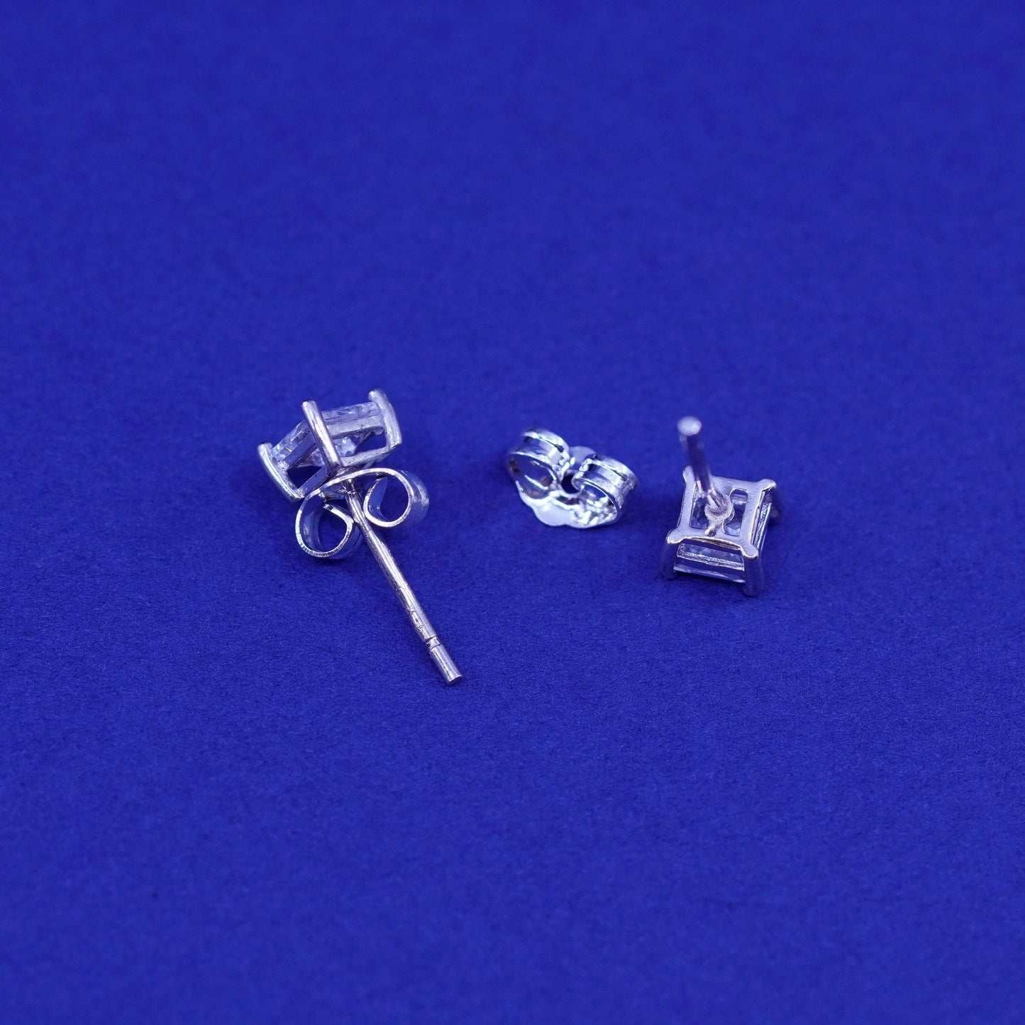 4mm, Vintage sterling silver handmade earrings, square 925 studs with CZ