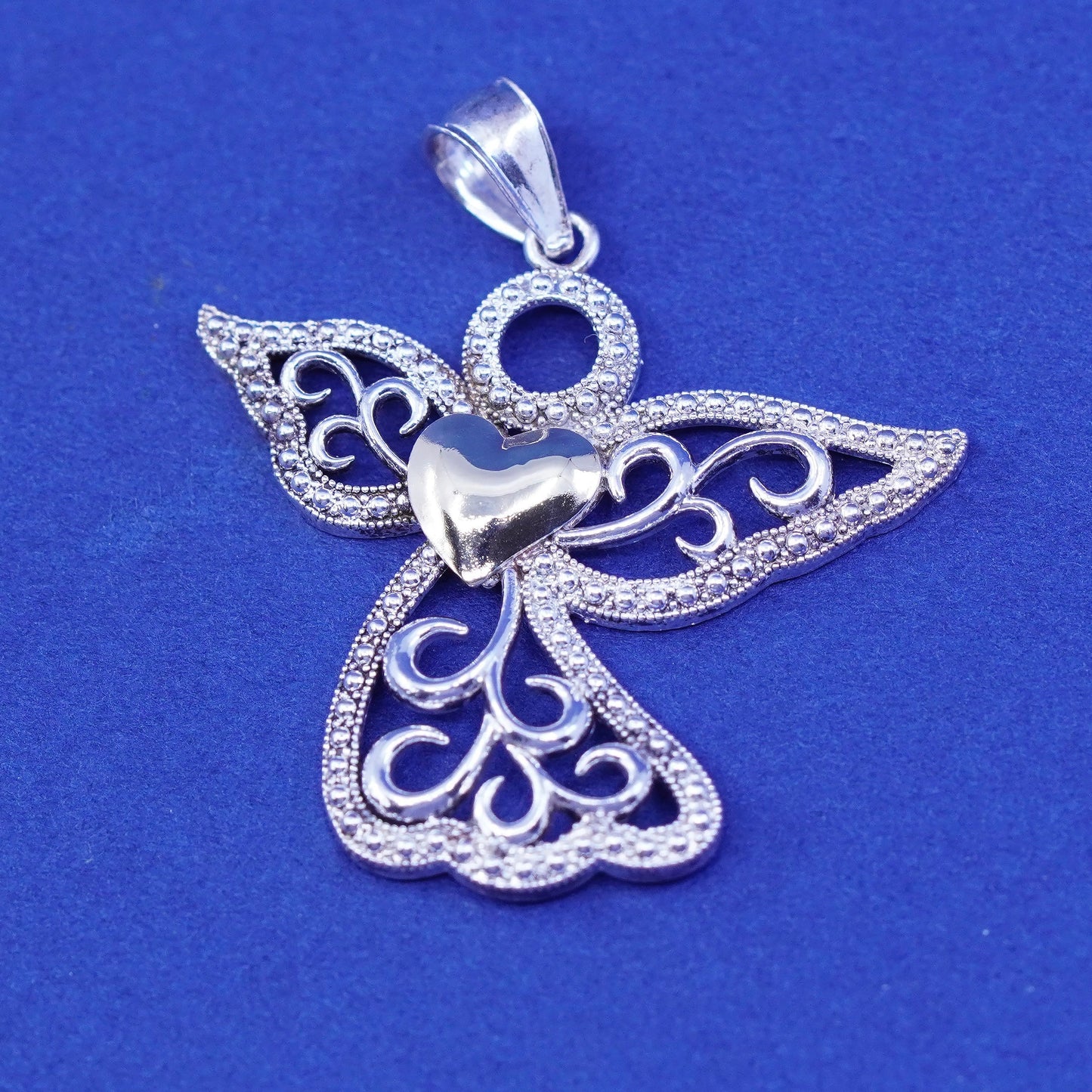 Sterling silver handmade pendant, 925 two tone filigree angel w/ 14K gold heart