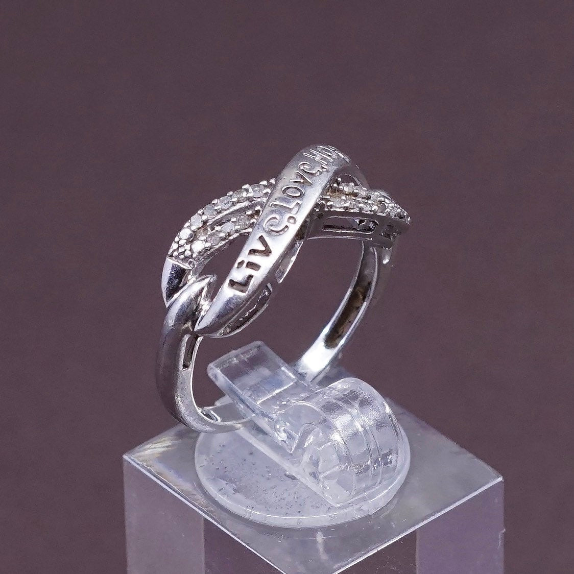 sz 7.5, vtg sterling silver handmade ring, 925 w/ diamond and “live love hope”