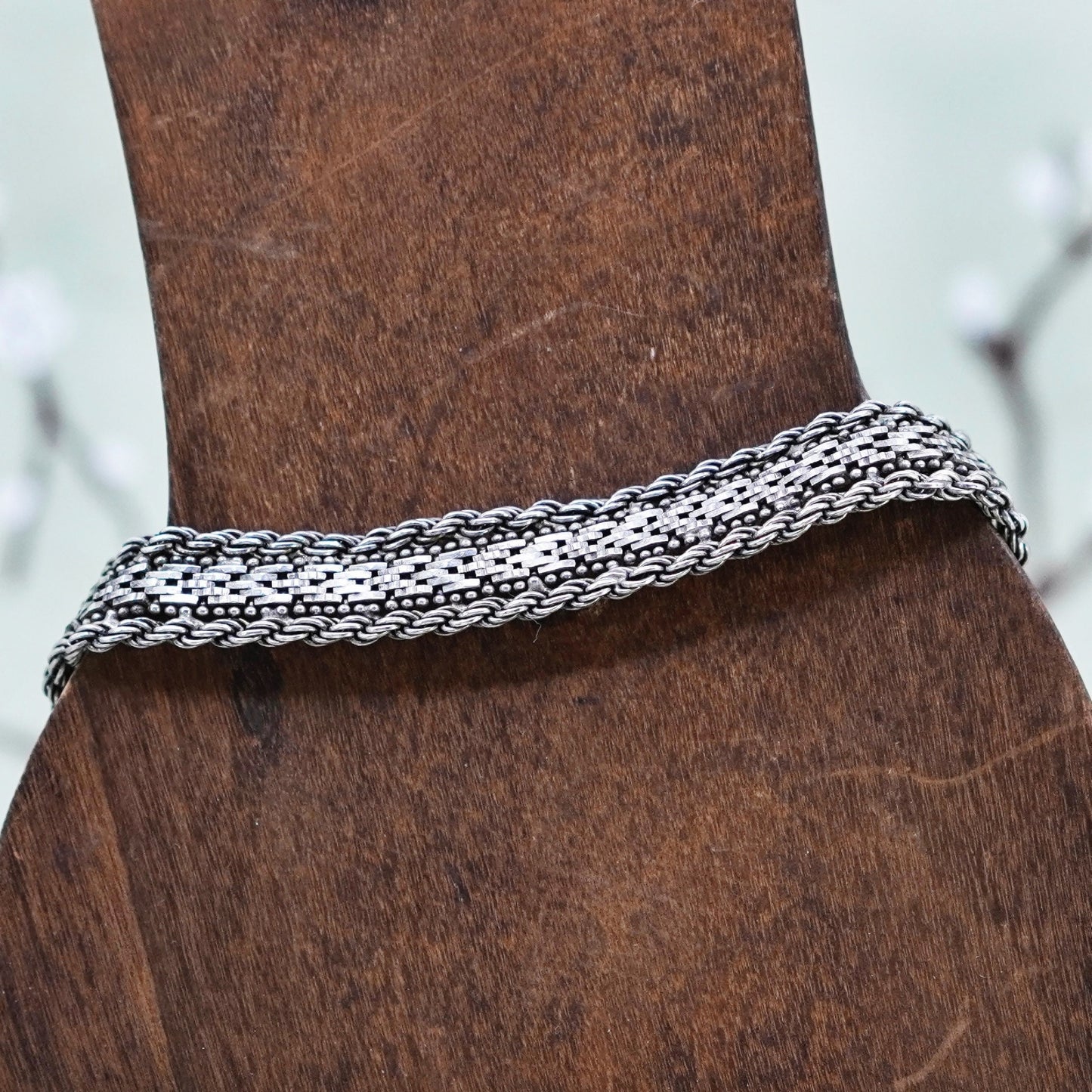 7.25”, vtg sterling 925 silver Italy riccio rope woven braided chain bracelet
