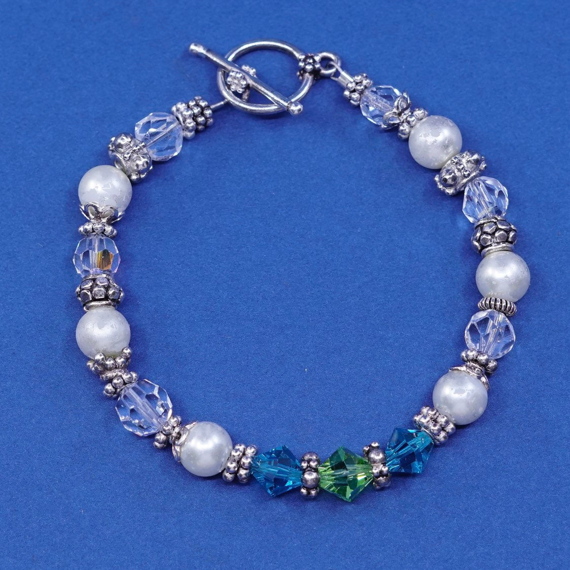 7”, vtg sterling silver handmade bracelet, 925 w/ pearl, green crystal beads