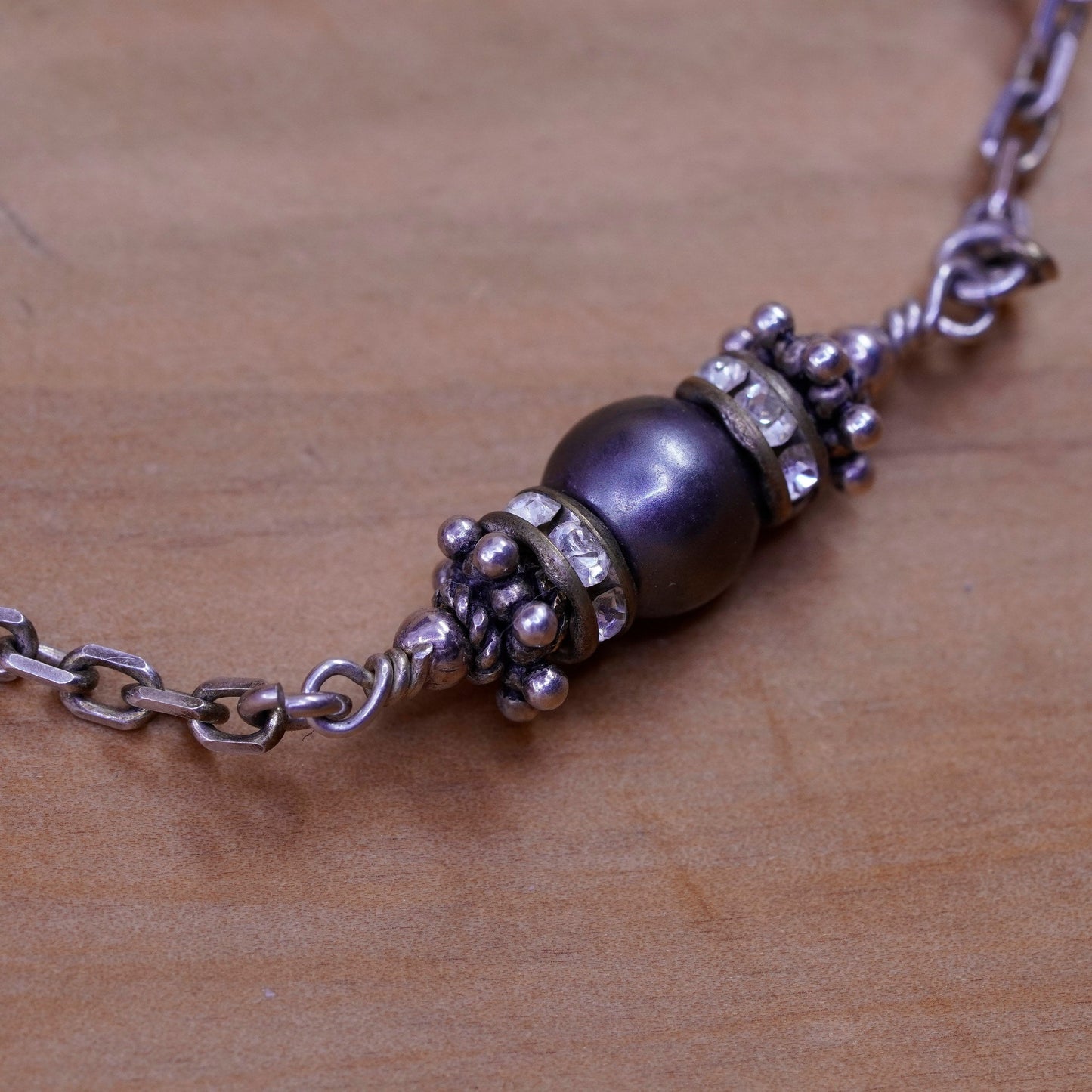 6.75”, Madis Sterling 925 silver beads bracelet with black pearl and crystal