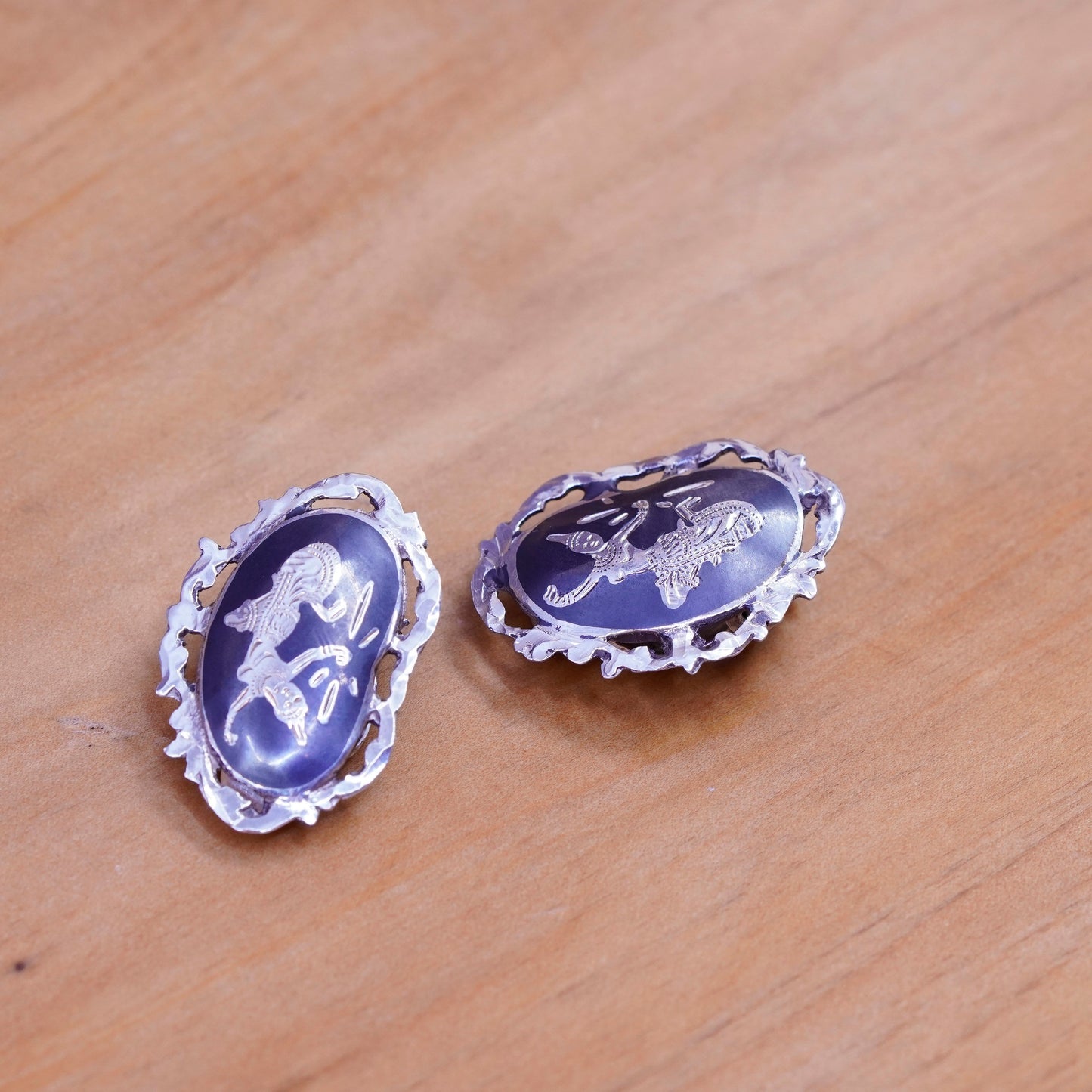 Vintage Siam sterling silver clip on earrings, 925 India earrings, niello, Siam