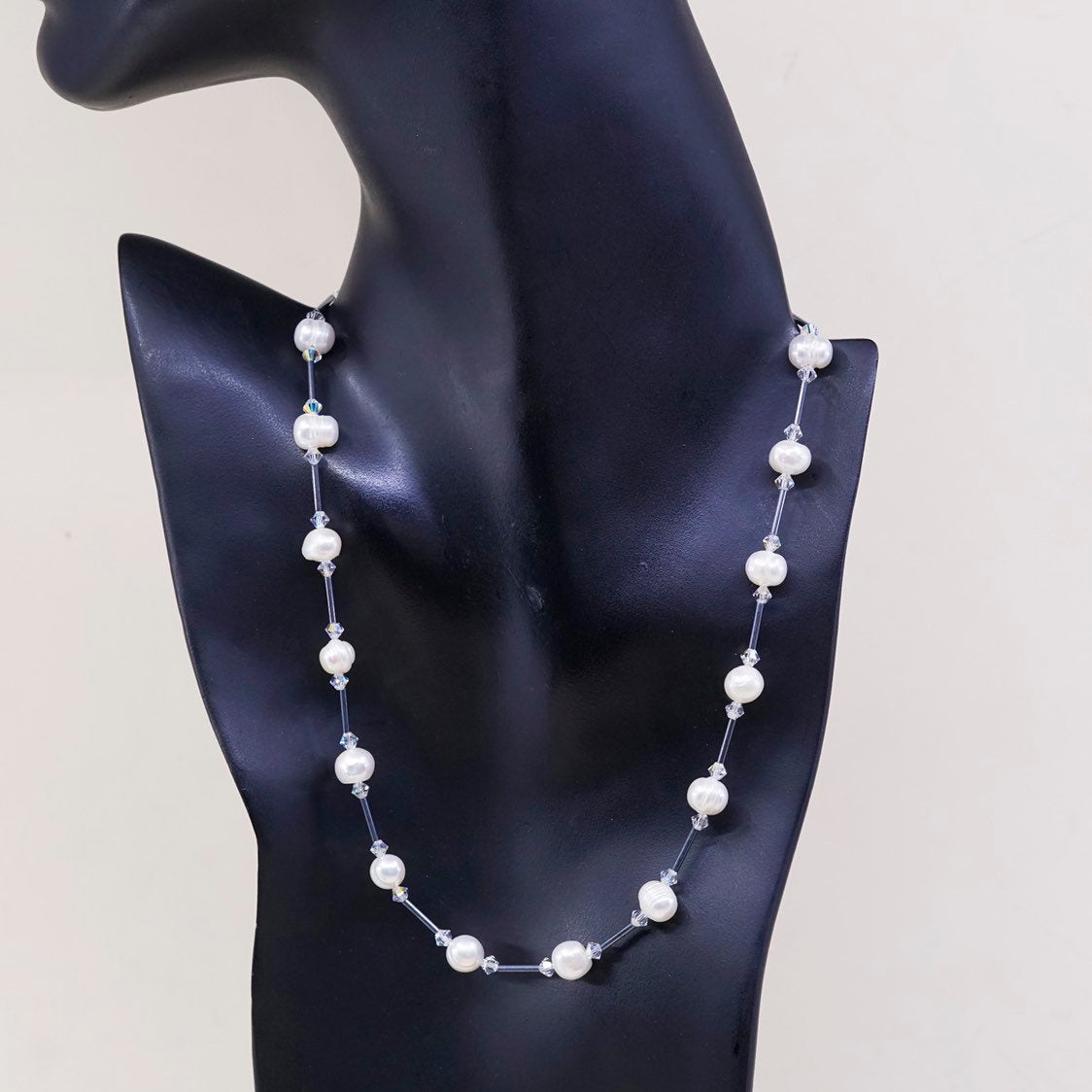 18”, vtg handmade Sterling silver bar link chain with pearl beads details