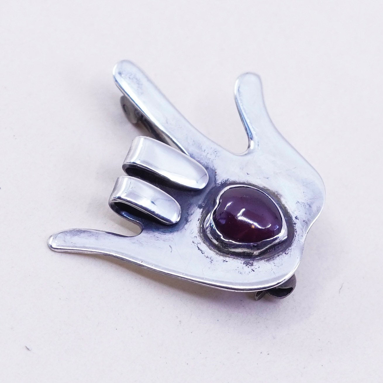 Vintage sterling silver handmade brooch 925 rocker rock hand gesture pin garnet