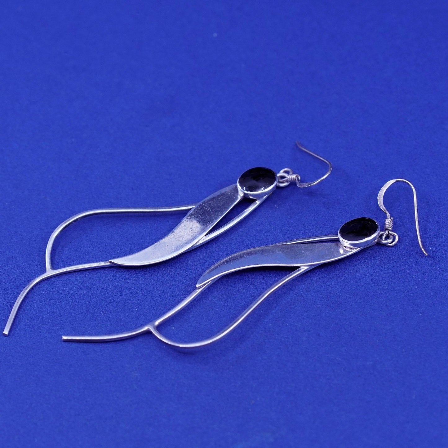 Vintage sterling 925 silver handmade long wavy earrings with oval obsidian