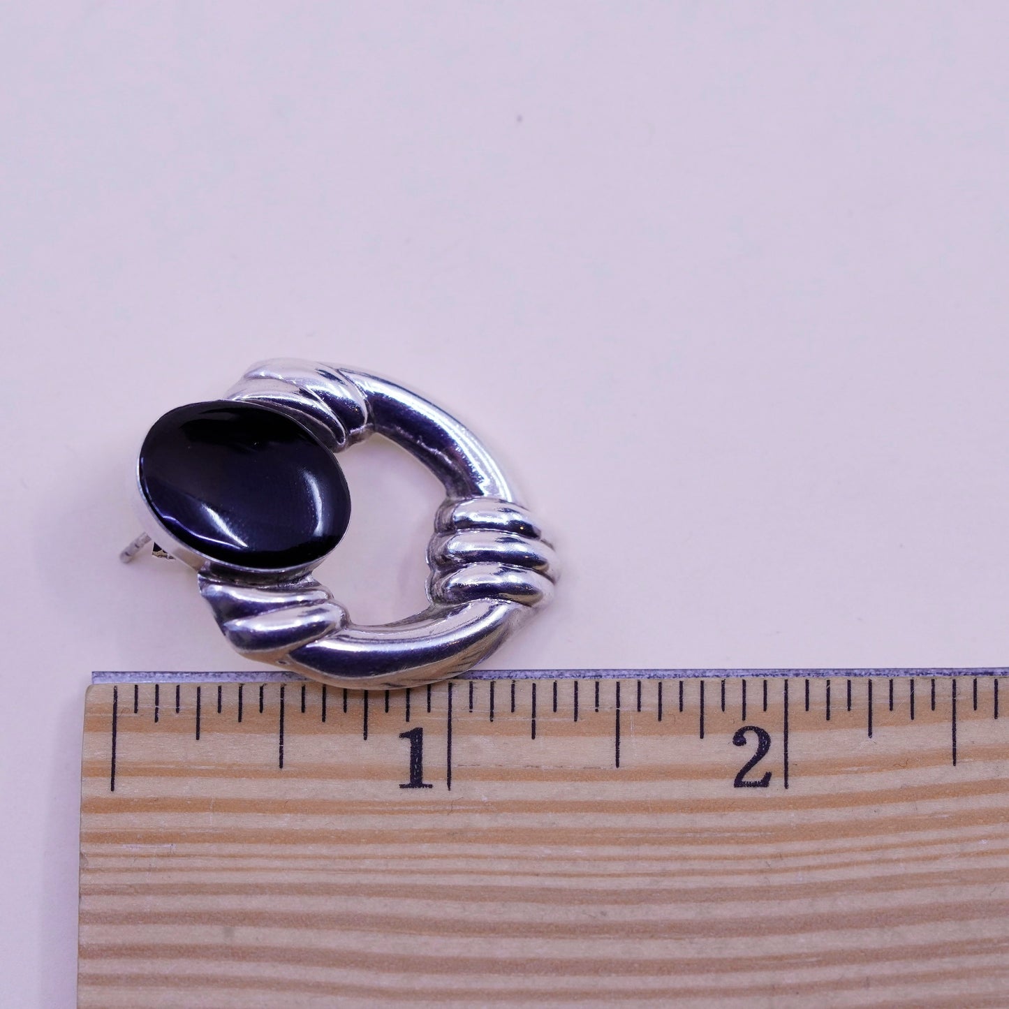 Vintage Sterling silver handmade earrings, Modern 925 ribbed stud oval obsidian
