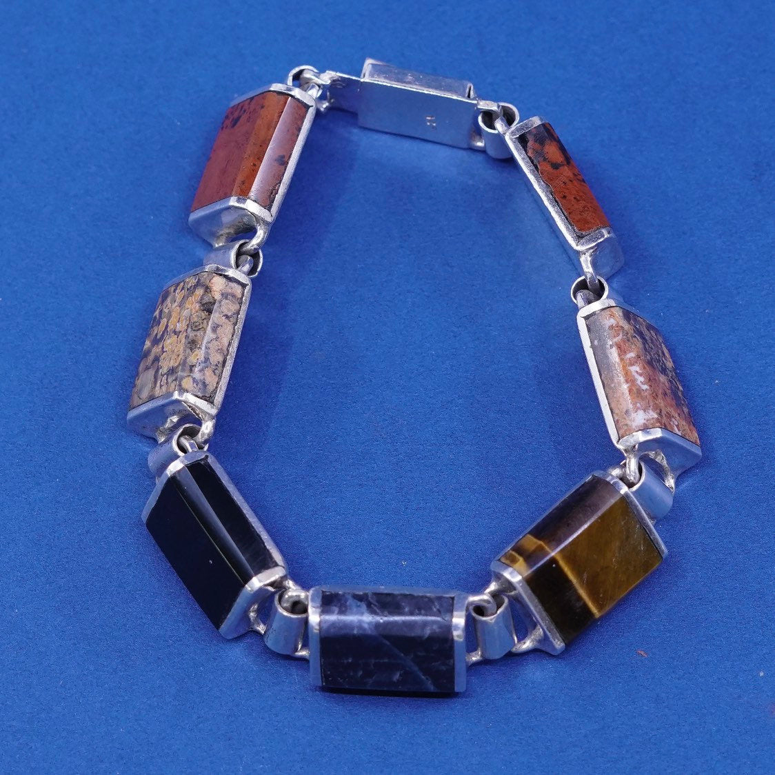 7", Sterling silver handmade bracelet, 925 round w/ obsidian jasper tiger eye