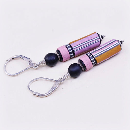 Vintage Sterling silver handmade earrings, 925 hooks with pink tube