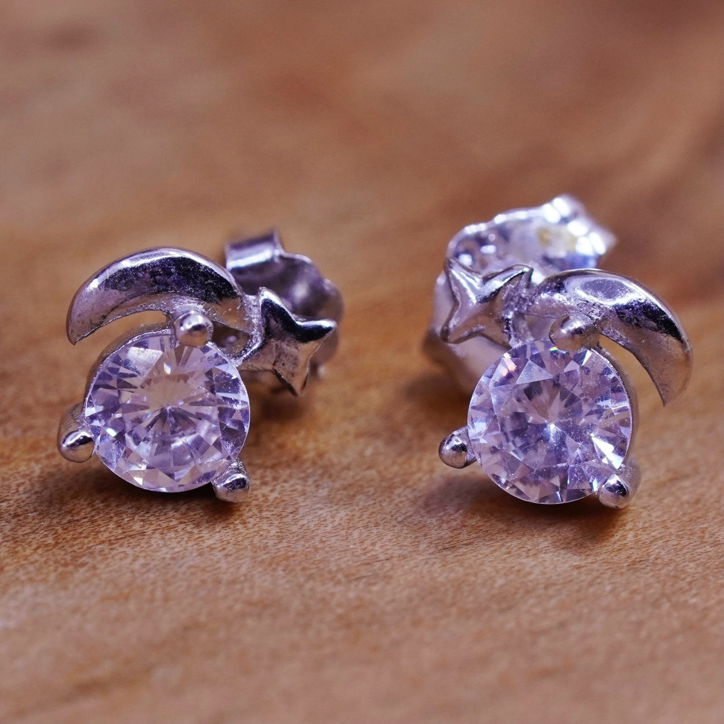 Vintage Sterling silver round crystal studs, cz moon star earrings